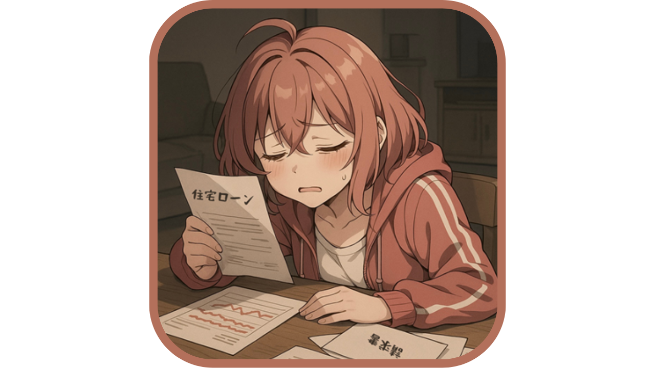 ムラちゃんが住宅ローンの請求書を見て頭を抱えているイラスト