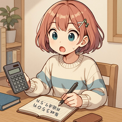 電卓と手帳を手に、ローン返済額に驚いている女の子