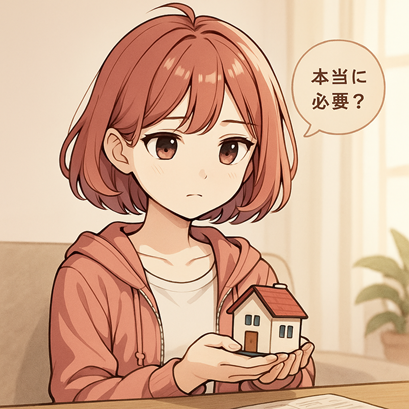 ミニチュアの家を手に持ち、『本当に必要?』と問いかける女の子」