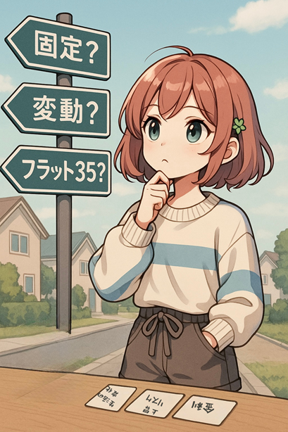 固定金利・変動金利・フラット35の看板を見上げて考え込む女の子