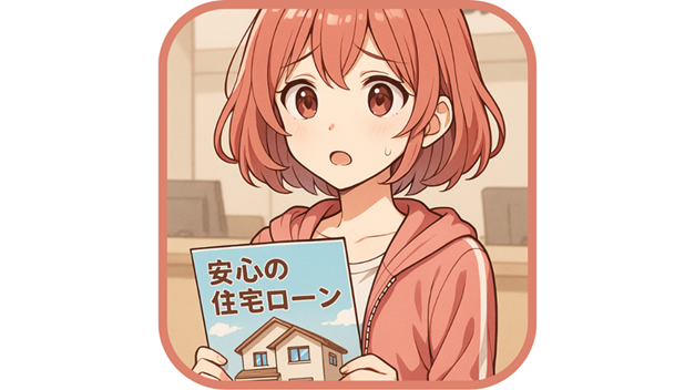 銀行のカウンターで「安心の住宅ローン」と書かれたパンフレットを持ち、少し不安げな表情のムラちゃん