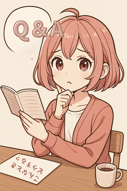 ムラちゃんがQ&Aノートを読んで、首をかしげながら考えている