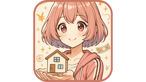 ムラちゃんが両手でミニチュアの家を包み込むように持ち、大事そうに見つめている。背景にはお金や円マークが舞っている。