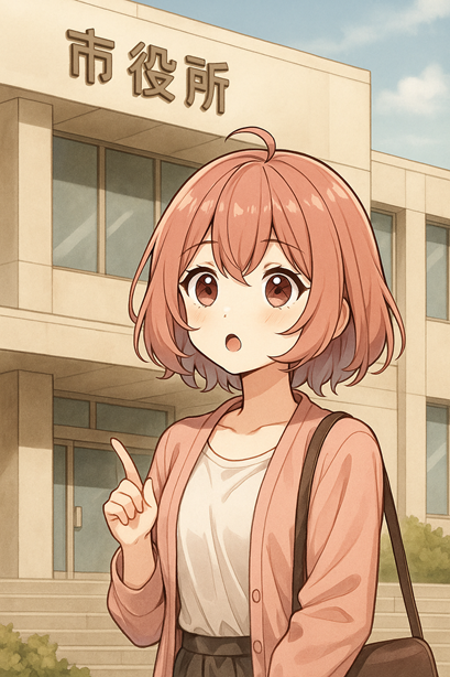 「市役所」の前で指をさして確認しているムラちゃん。
