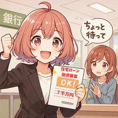 銀行の窓口でローン審査通過の通知を掲げて喜ぶムラちゃん。後ろでマチちゃんが「ちょっと待って」と止めようとしている。