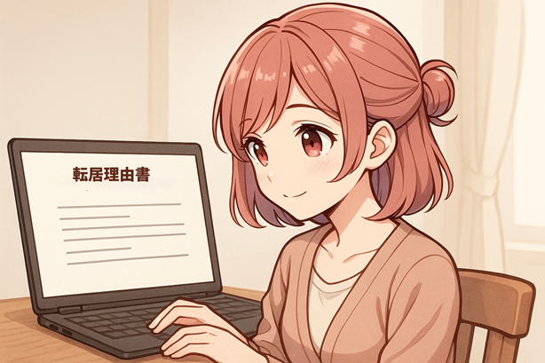 ムラちゃんが「転居理由書」と書かれたパソコン画面を見ながら文書を作成している