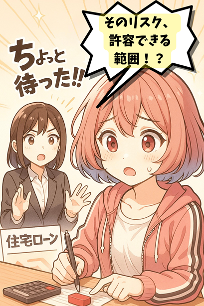 ムラちゃんが住宅ローンの書類に印を押そうとしながら、「そのリスク、許容できる範囲!?」と驚いている。