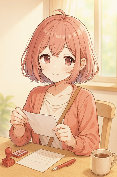 封筒と書類を並べながらチェックしているムラちゃん。