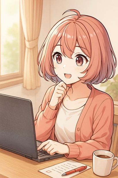 自宅でパソコンを見ながら調べ物をするムラちゃん。