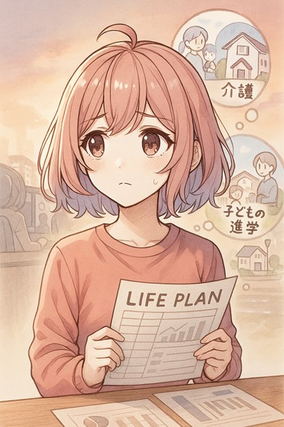 「LIFE PLAN」と書かれた表を手に持ち、遠くを見つめるムラちゃん。背景には「介護」「子どもの進学」などの未来の予定が浮かんでいる。
