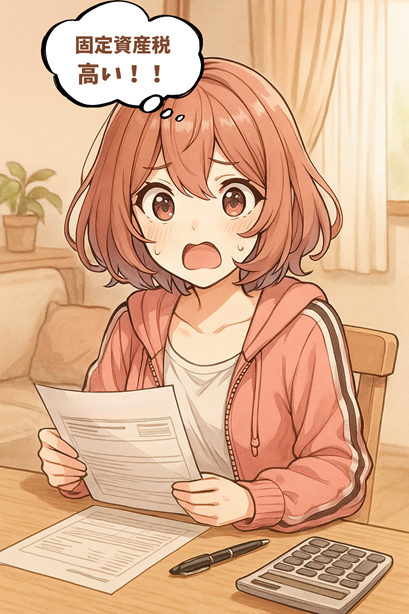 笑顔で書類を封筒に入れながらホッとしているムラちゃん。机にはスタンプやコーヒーも。