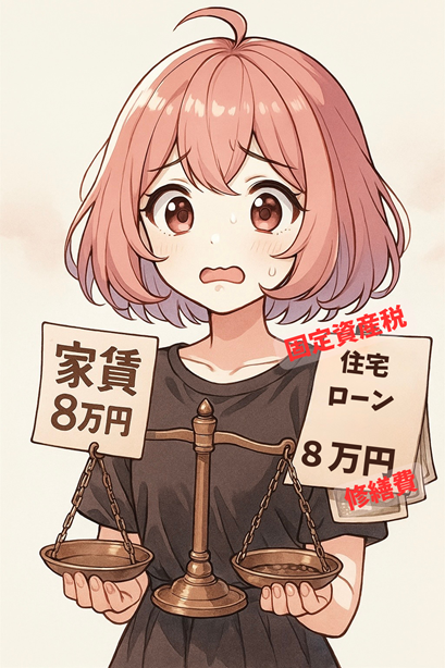 天秤を持つムラちゃん。片側には「家賃8万円」、もう一方には「ローン8万円+固定資産税+修繕費」と書かれた札が乗っており、驚いた表情。