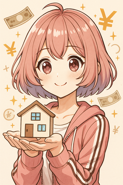 ムラちゃんが「マイホーム」と書かれたパンフレットを見て、「新築プレミアム価格」の家に驚いている。