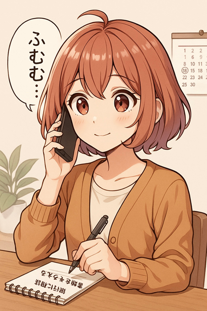 ムラちゃんが電話で相談しながら、メモをとっている。「ふむふむ…」と納得している表情