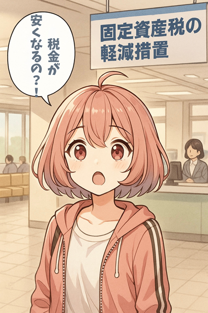 市役所の窓口で「固定資産税の軽減措置」の案内ポスターを見て驚くムラちゃん。