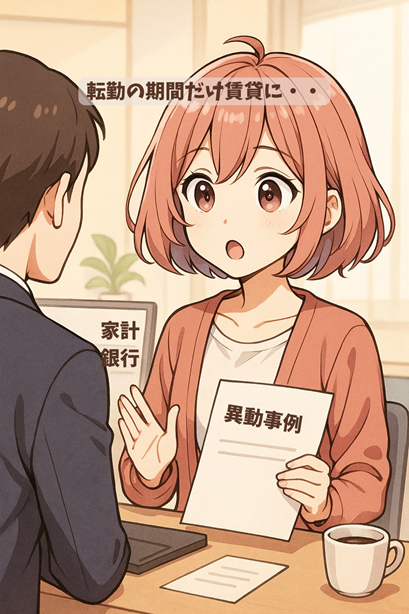 ムラちゃんが銀行の窓口で資料を持ち込み、説明している。「転勤の期間だけ賃貸に…」という吹き出し