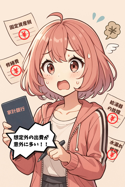 ムラちゃんが「家計銀行」と書かれた通帳を手にして、「固定資産税」「修繕費」などの予想外の請求書に驚いている。