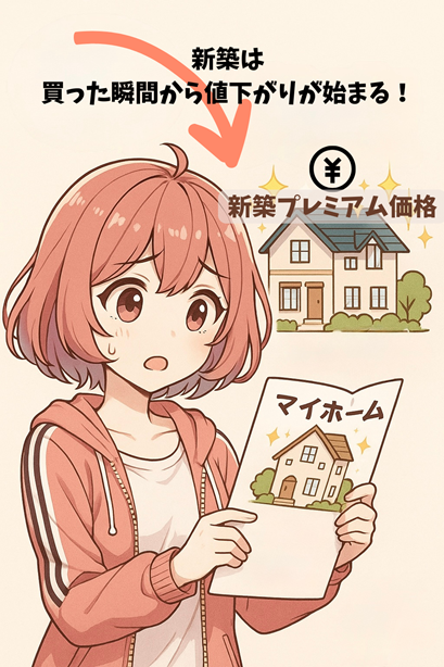 ムラちゃんが「マイホーム」と書かれたパンフレットを見て、「新築プレミアム価格」の家に驚いている。