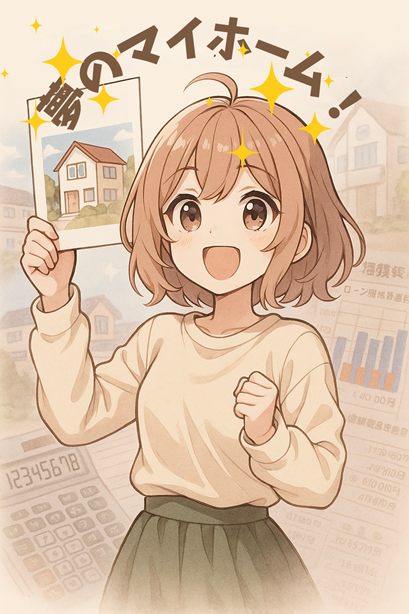 マイホームのパンフレットを掲げて喜ぶムラちゃん。背景には住宅ローンの資料や電卓がぼんやりと重なる。