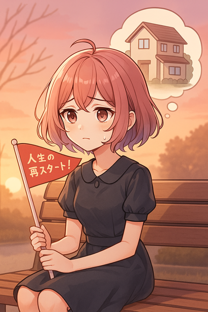 夕暮れの公園で一人ベンチに座るムラちゃん。「人生の再スタート!」の旗を持ち、マイホームの妄想バブルが浮かぶ。