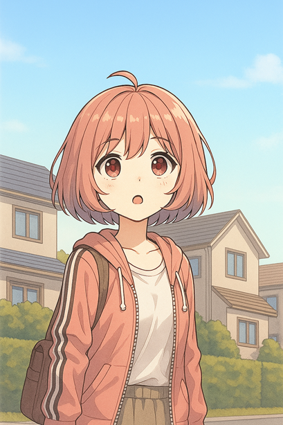 ピンク髪のムラちゃんが住宅街で驚いた表情をしている。