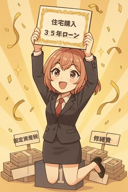 スーツ姿のムラちゃんが「住宅購入35年ローン」と書かれた表彰状を掲げて表彰台に立っている。足元には管理費や固定資産税の札束。