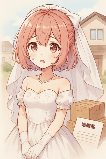 ウェディングドレス姿のムラちゃんが、引っ越し用の段ボールと「婚姻届」の前で不安げな表情。