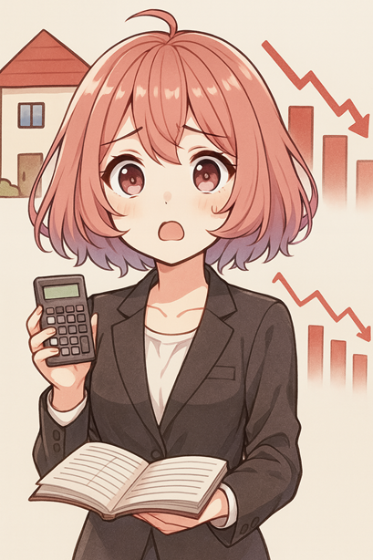 電卓と家計簿を手に、「ローン払えるかな…」と不安そうなスーツ姿のムラちゃん。背景に下落するグラフと家。