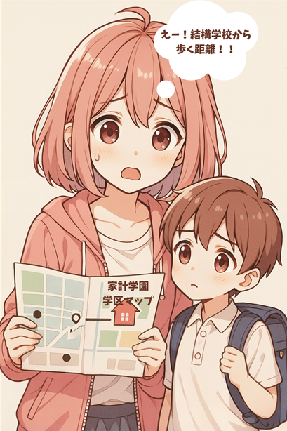 ムラちゃんが学区マップを見ながら、「えー!結構学校から歩く距離!!」と驚いている吹き出し付きのイラスト。