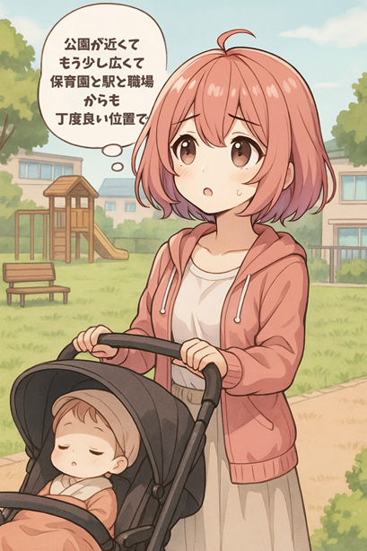 ベビーカーを押しながら「公園が近くて、広めで、駅と保育園にも近い家がいいな…」と考えるムラちゃんのイラスト。