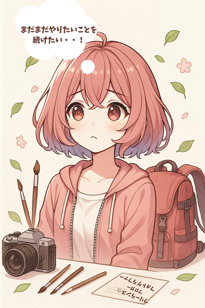 カメラ、絵筆、登山リュックが並ぶ中、「まだまだやりたいことを続けたい…!」と考えるムラちゃんのイラスト。