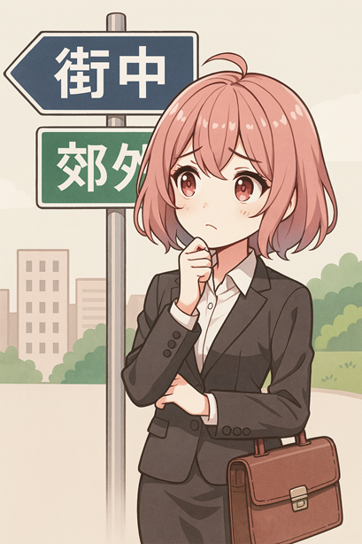スーツ姿のムラちゃんが、「街中」と「郊外」の看板を見比べて悩んでいるイラスト。