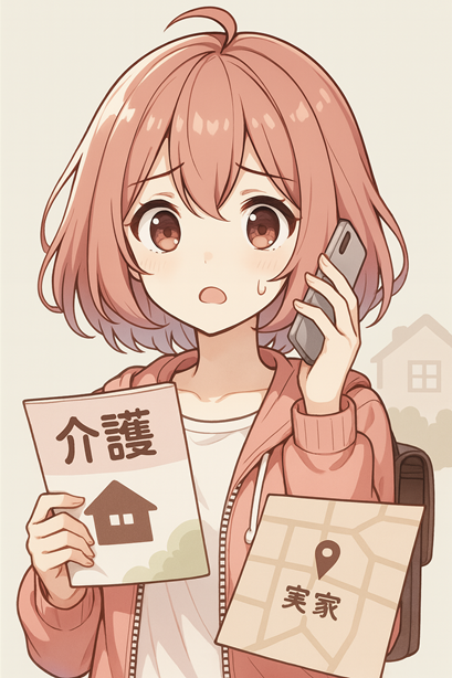 ムラちゃんが「介護」のパンフレットと「実家」の地図を手に持ち、スマホで通話中のイラスト。